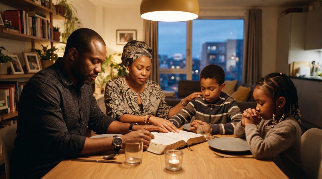 family praying at dining table